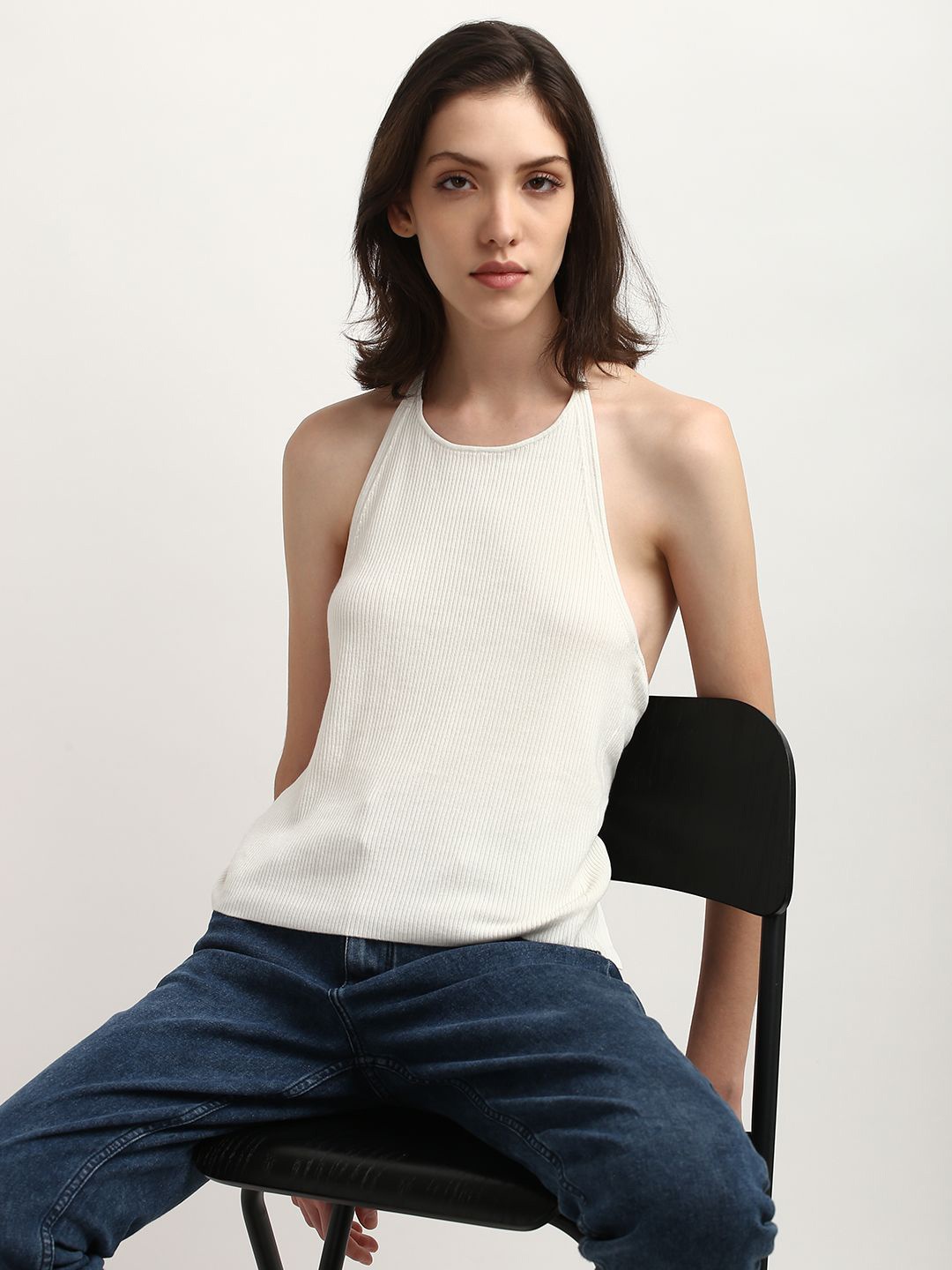 

Calvin Klein Jeans Self Design Halter Neck Styled Back Top, Cream