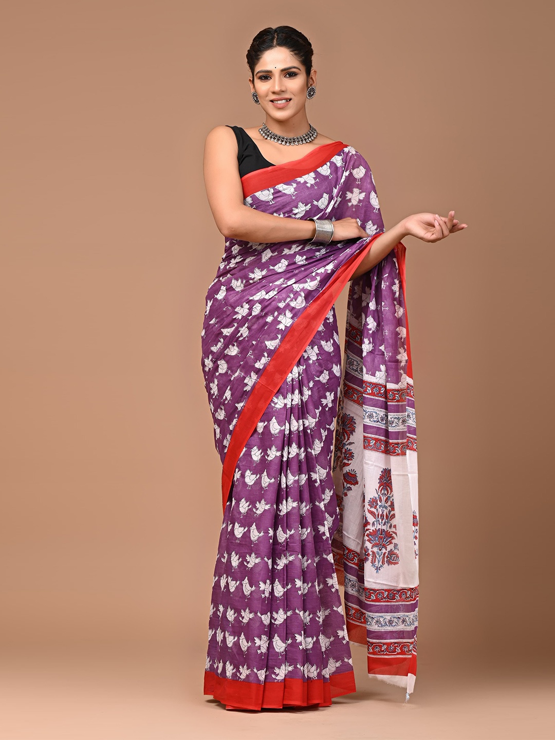 

Shivanya Handicrafts Pure Cotton Block Print Saree, Purple