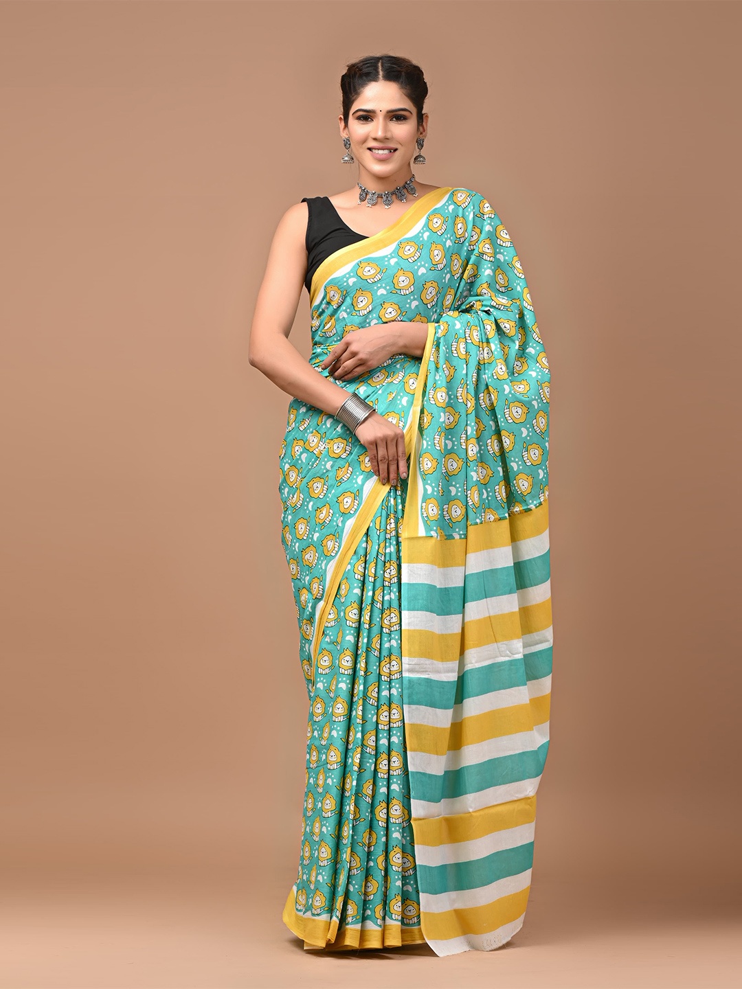 

Shivanya Handicrafts Pure Cotton Block Print Saree, Green