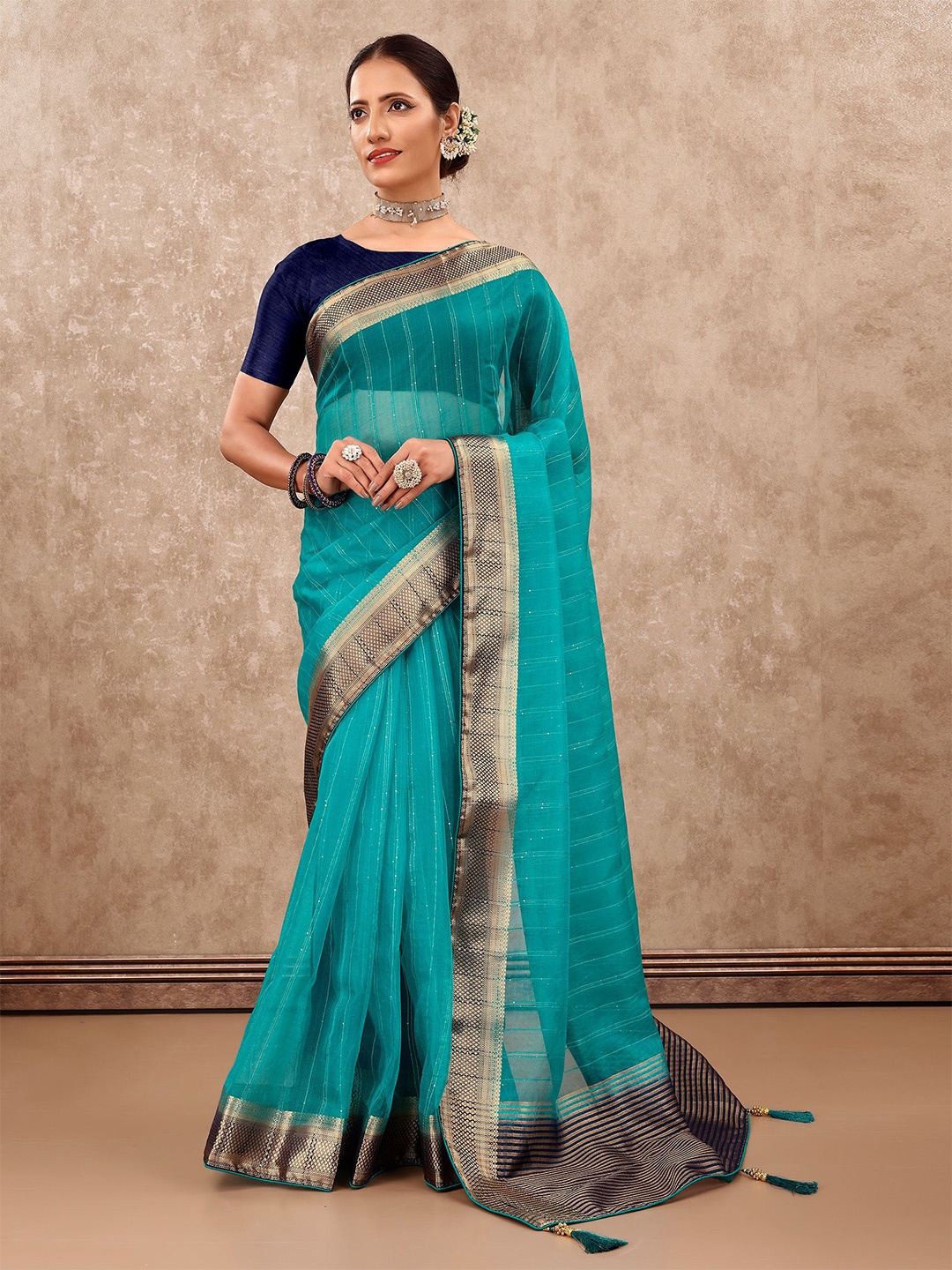 

VIRICA Striped Sequinned Organza Saree, Turquoise blue