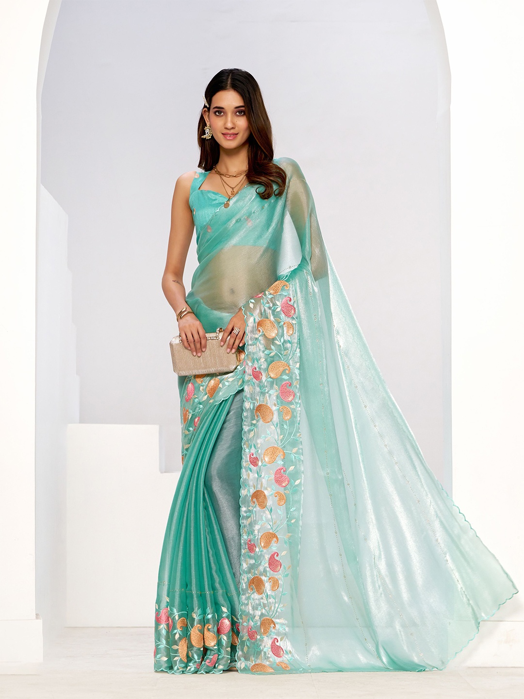 

VIRICA Paisley Embroidered Brasso Saree, Turquoise blue