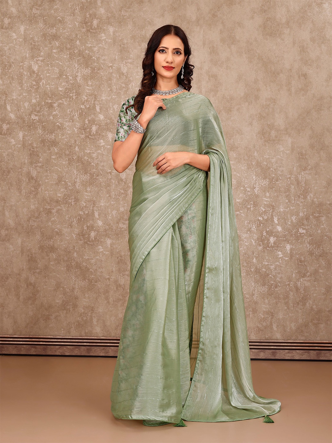 

VIRICA Striped Sequinned Brasso Saree, Olive