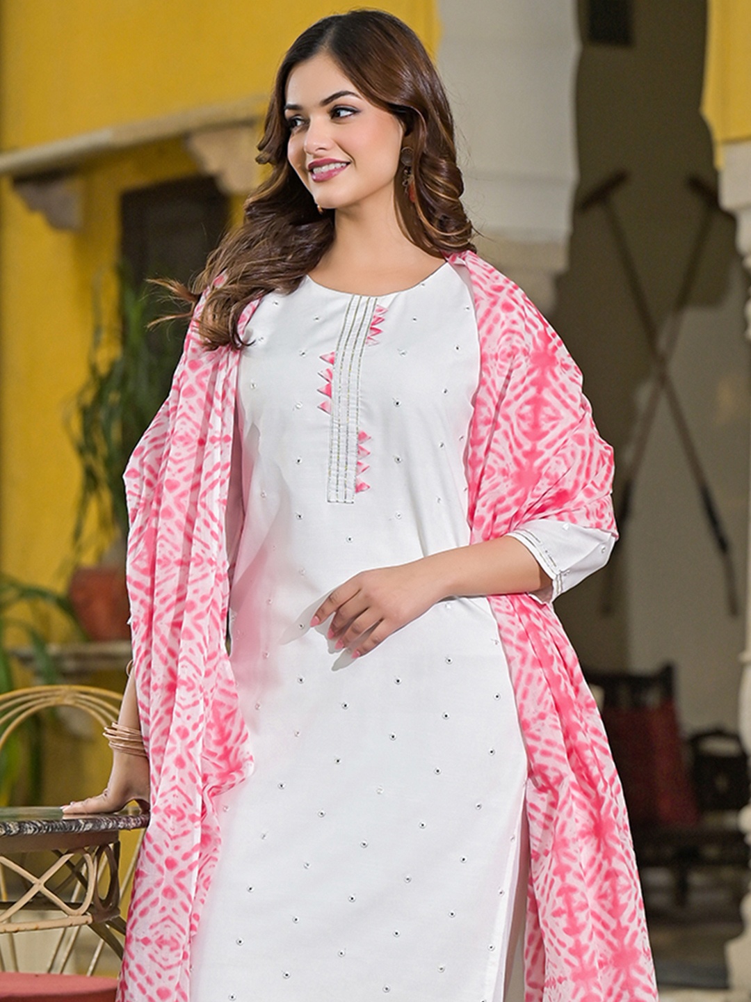 

KALINI Women Floral Embroidered Regular Gotta Patti Kurta with Trousers & With Dupatta, Pink