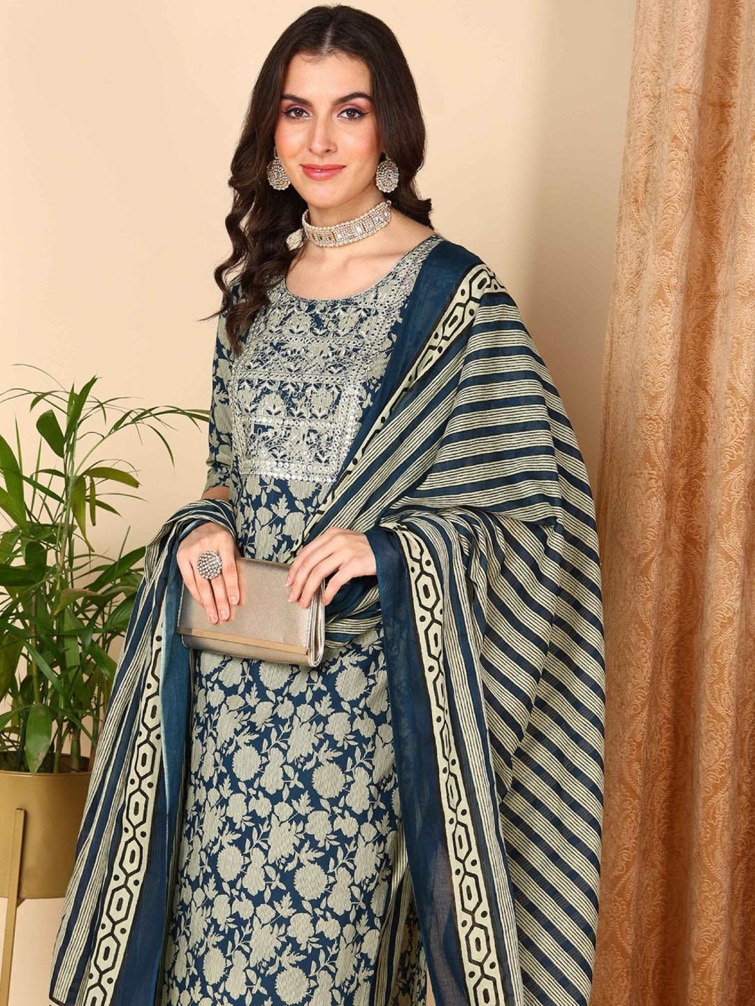 

KALINI Women Floral Printed Regular Mirror Work Kurta with Trousers & With Dupatta, Navy blue