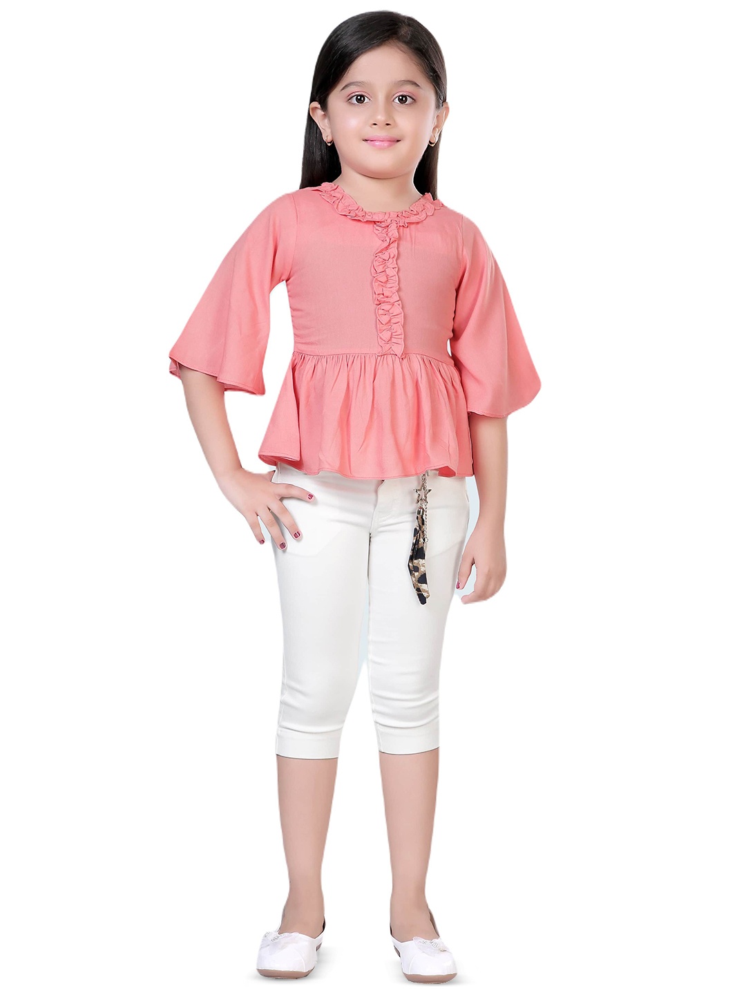 

Hunny Bunny Girls Solid Round Neck Peplum Cotton Top, Peach