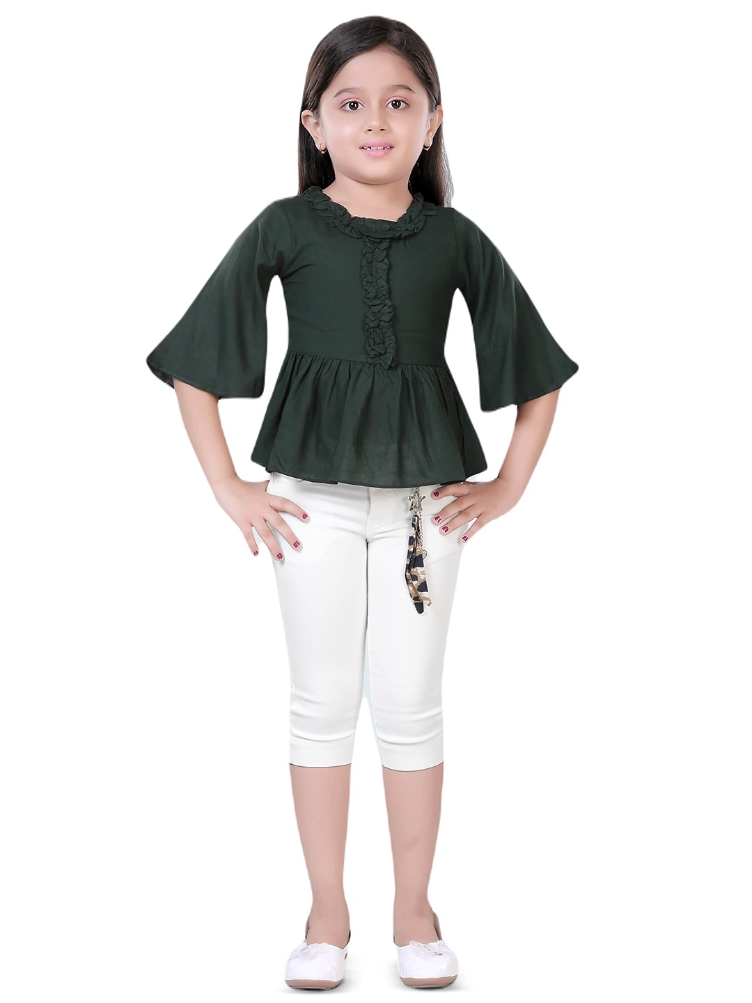 

Hunny Bunny Girls Solid Round Neck Peplum Cotton Top, Green