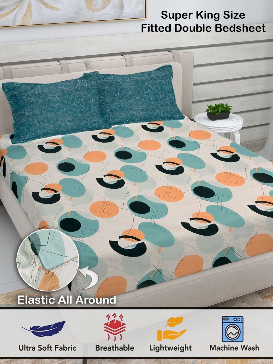 

FABINALIV White & Blue Geometric 300 TC King Bedsheet with 2 Pillow Covers