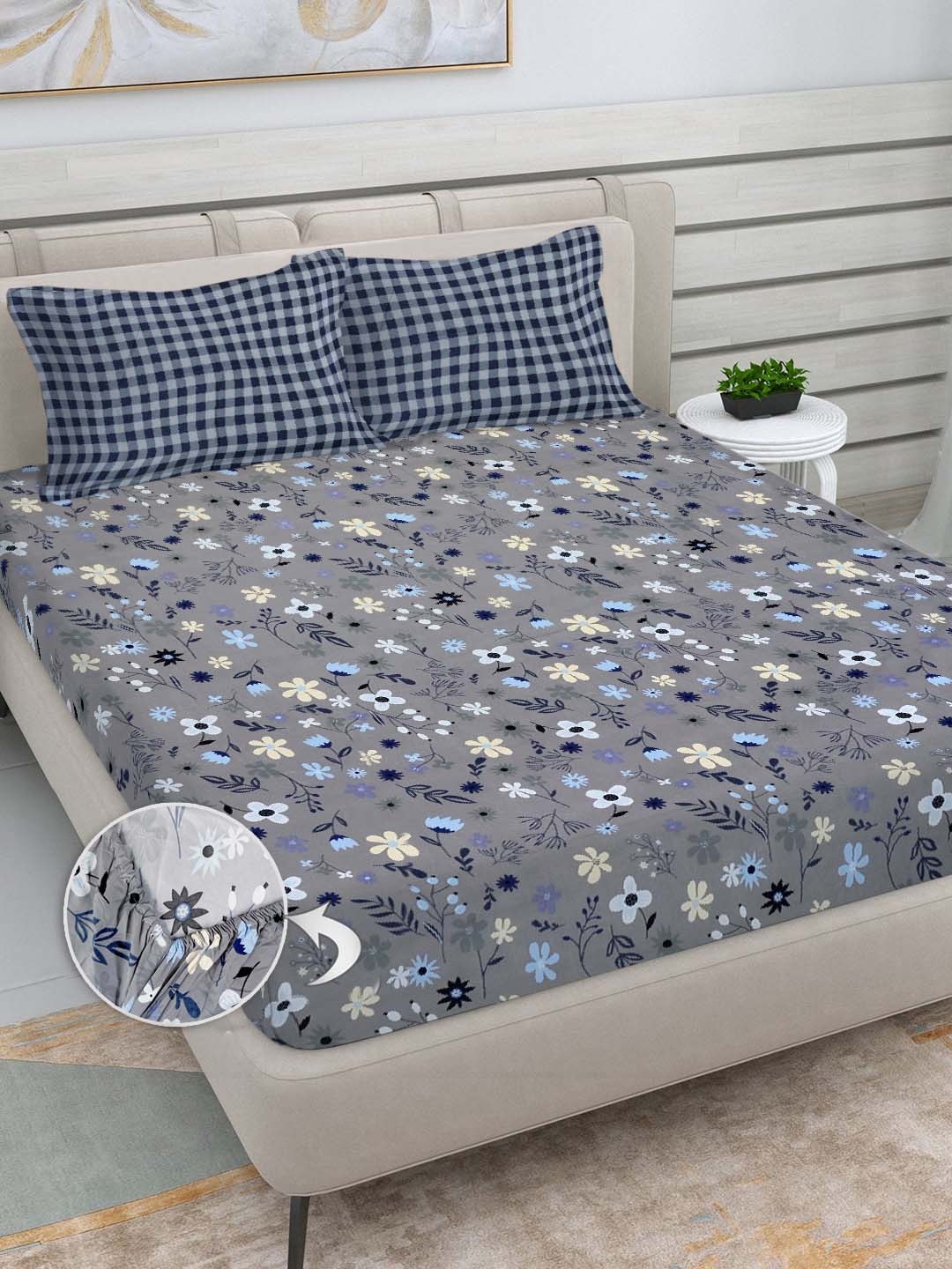 

FABINALIV Grey & White Floral Print 300 TC Fitted Super King Bedsheet & 2 Pillow Covers