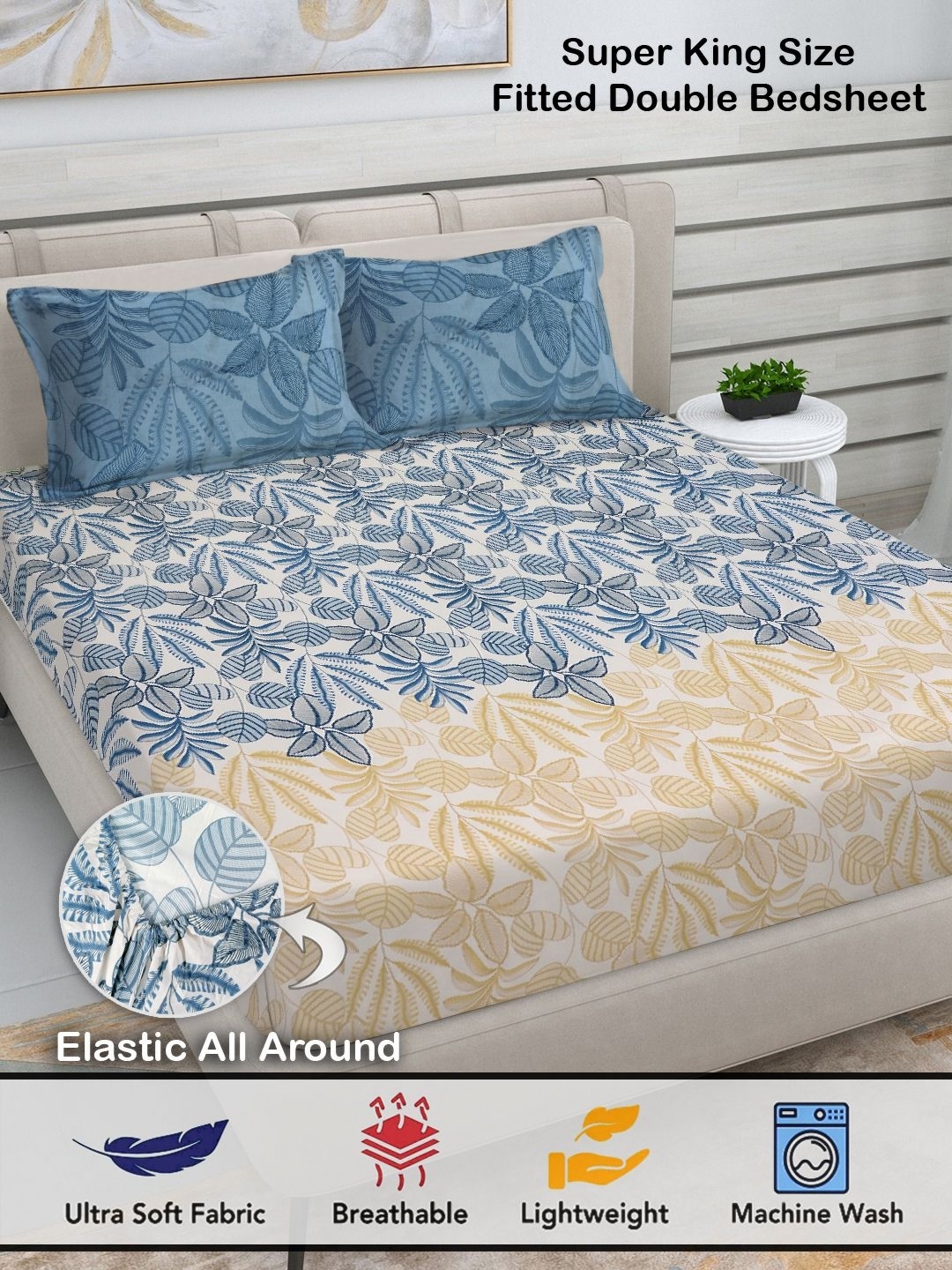 

FABINALIV White & Blue Floral Print 300 TC Fitted Super King Bedsheet & 2 Pillow Covers