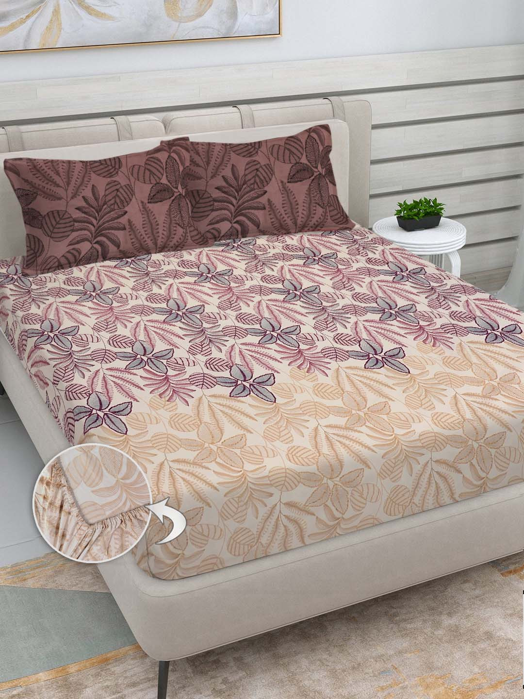

FABINALIV Grey & Pink Floral 300 TC King Bedsheet with 2 Pillow Covers
