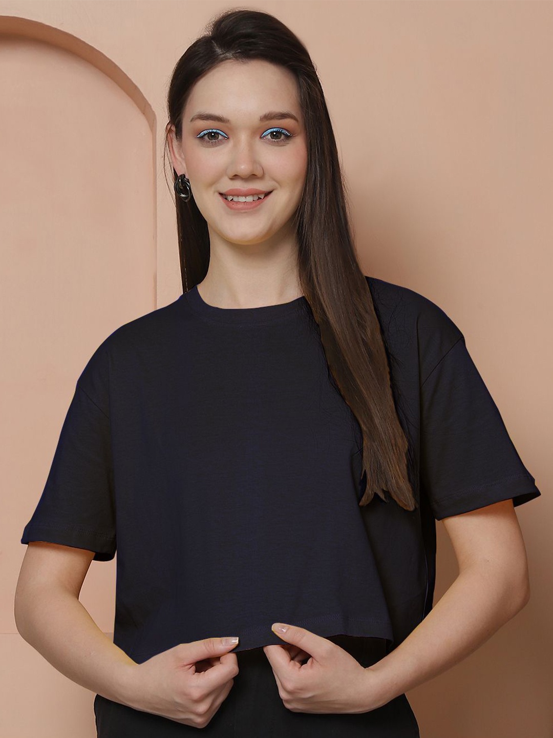 

Friskers Women Pure Cotton Oversized Crop T-shirt, Navy blue