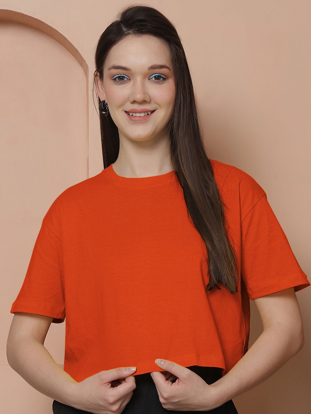 

Friskers Women Oversized Pure Cotton Crop T-shirt, Orange