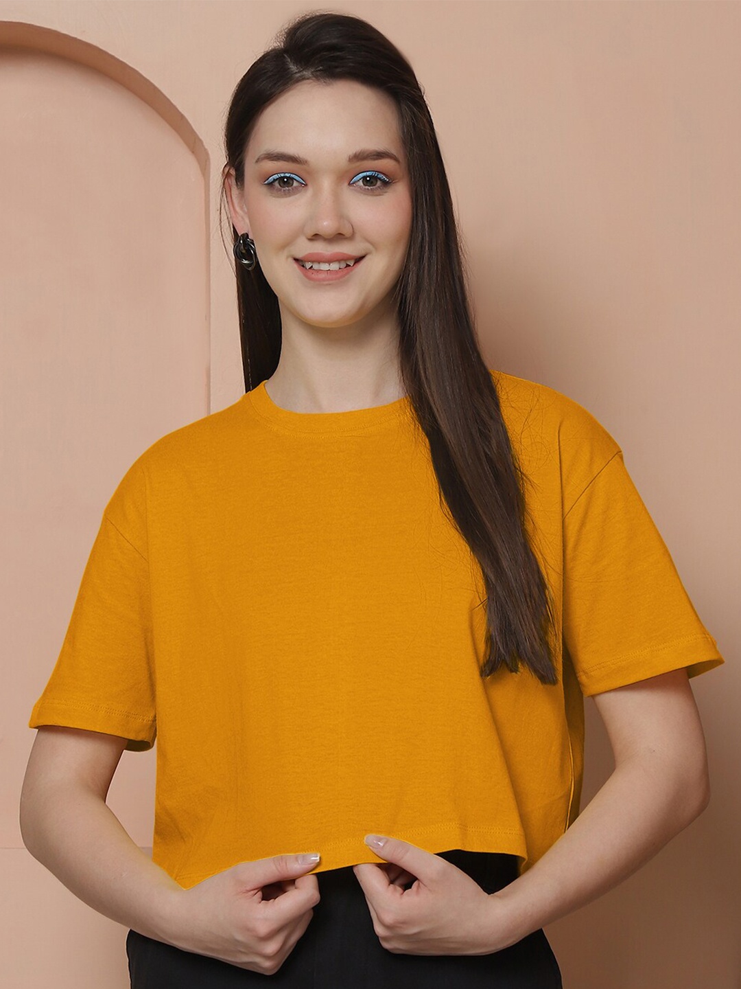 

Friskers Women Cotton Oversized Crop T-shirt, Mustard