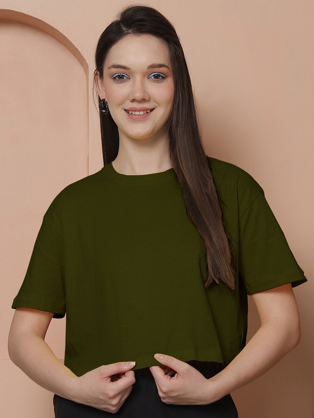 

Friskers Women Pure Cotton Oversized Crop T-shirt, Olive