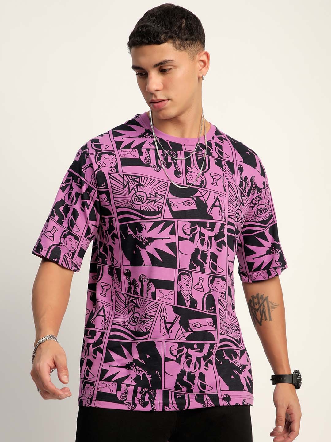 

THALASI Men Conversational Printed Round Neck Oversized T-shirt, Purple