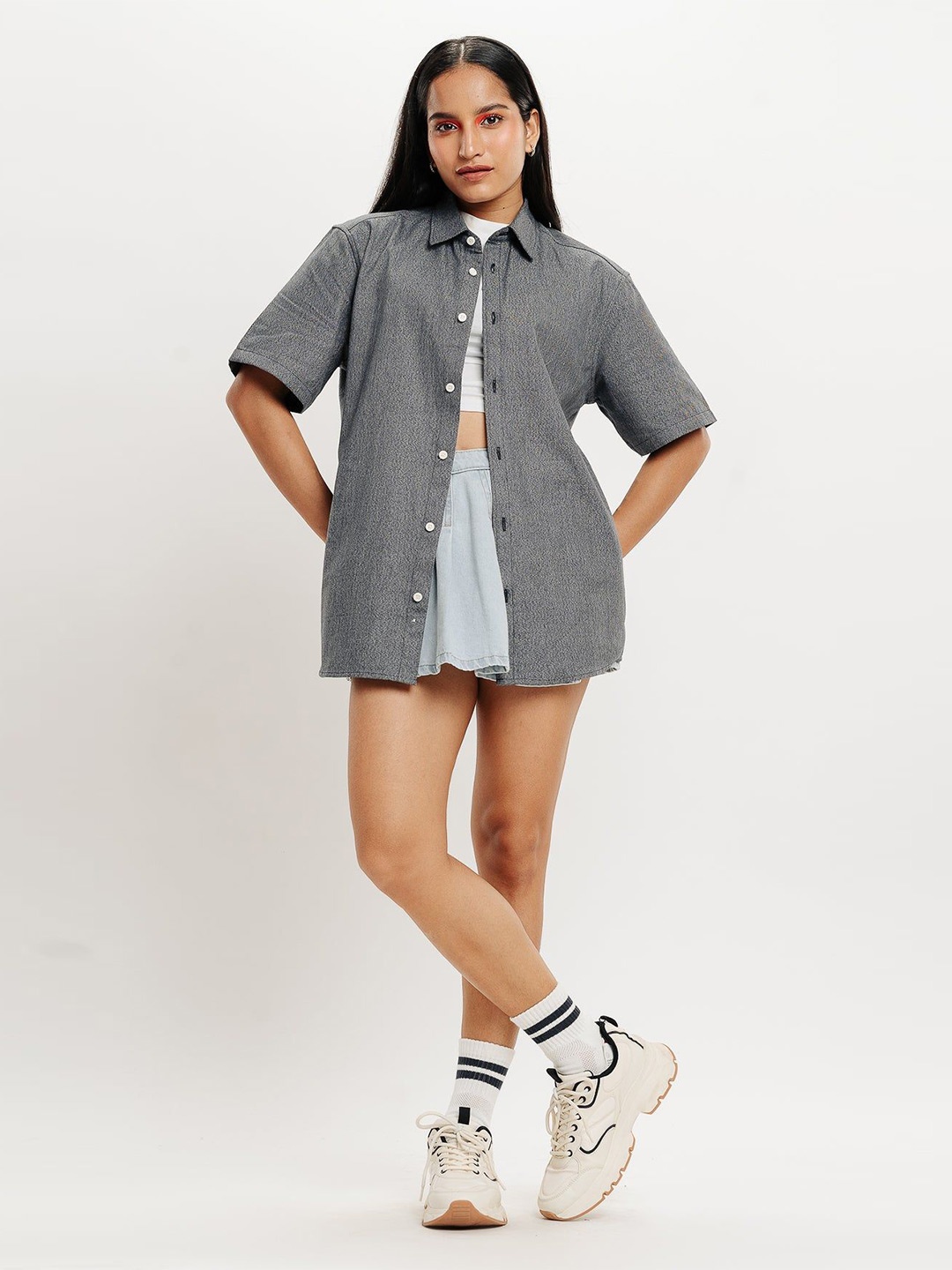 

FREAKINS Women Pinstripes Opaque Striped Casual Shirt, Grey