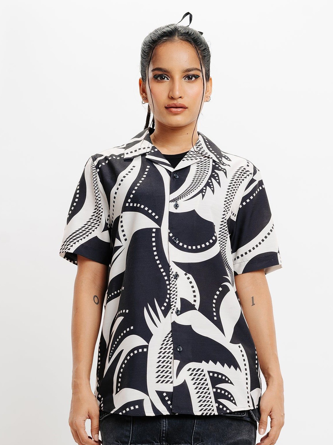 

FREAKINS Women Opaque Printed Casual Shirt, Black
