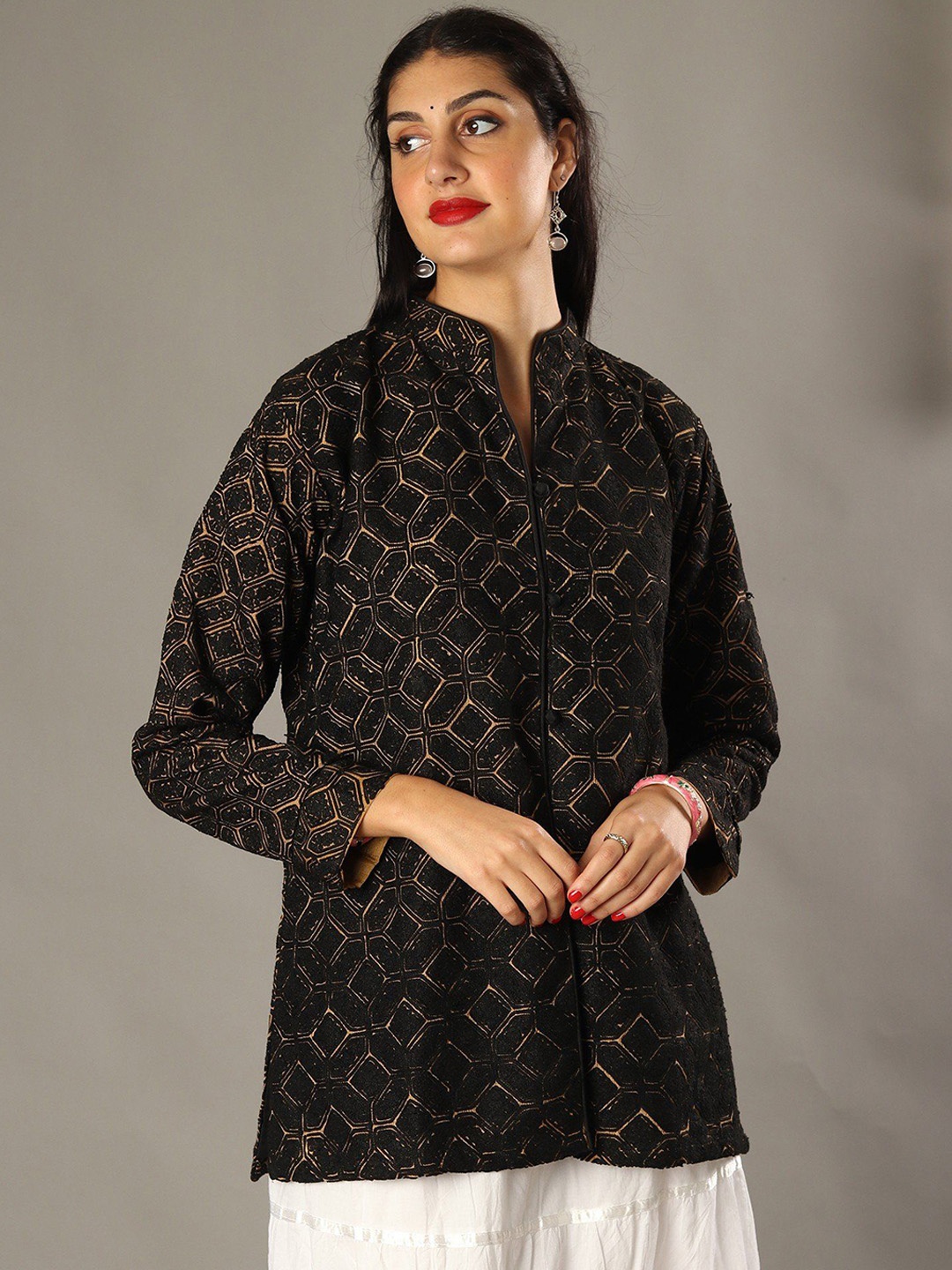 

Exotic India Kashmiri Short Jacket with Wool Geometrical Aari Embroidery, Black