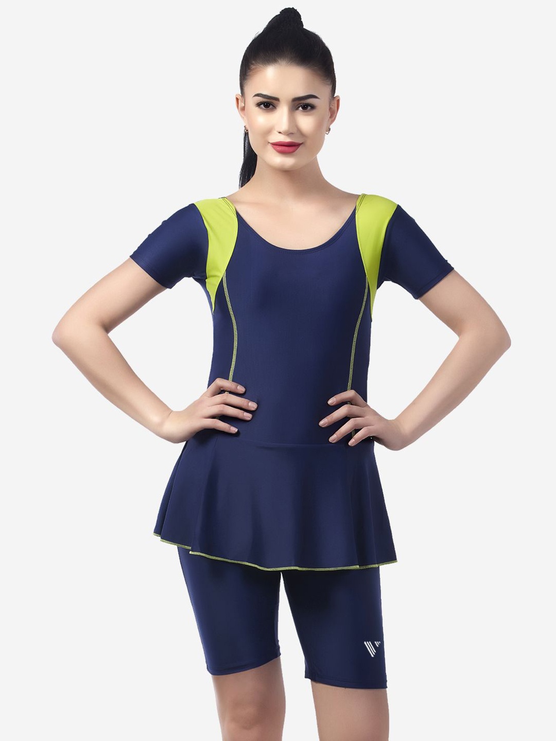 

VELOZ Colourblock Round Neck Swimming Dress, Navy blue