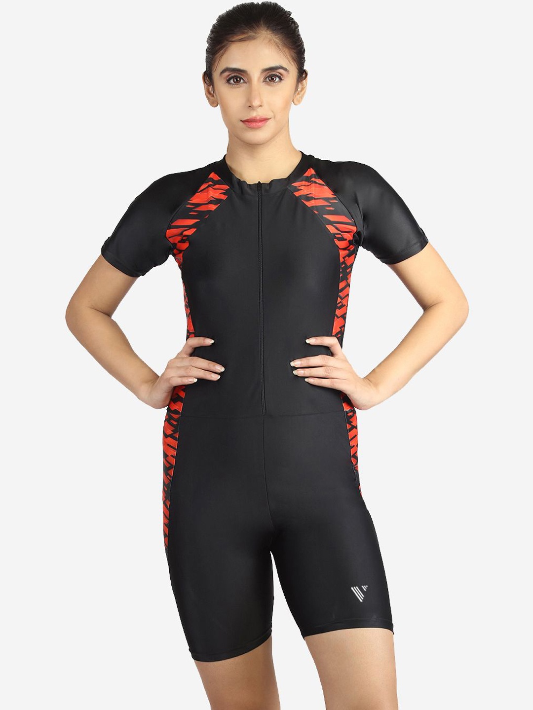 

VELOZ Abstract Printed Round Neck Sports Swim Legsuit, Black
