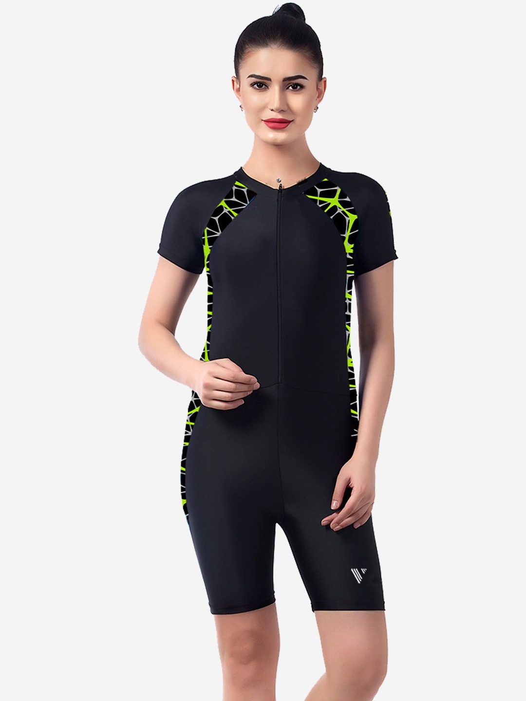 

VELOZ Abstract Printed Round Neck Sports Swim Legsuit, Green