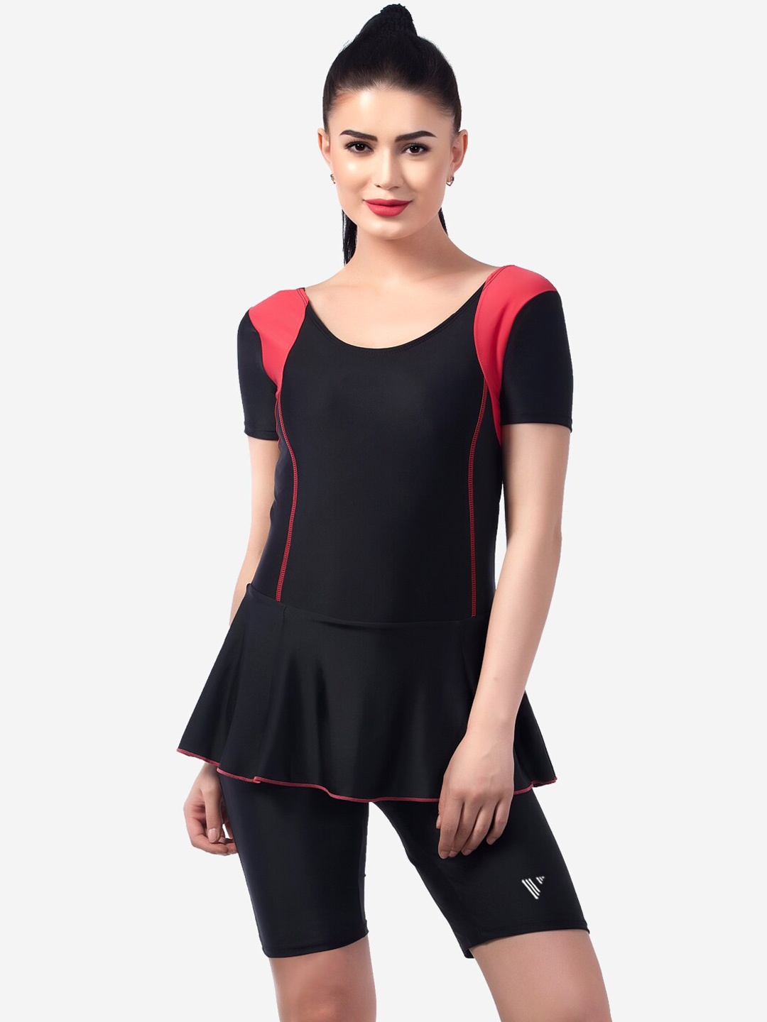 

VELOZ Colourblock Roound Neck Swimming Dress, Black