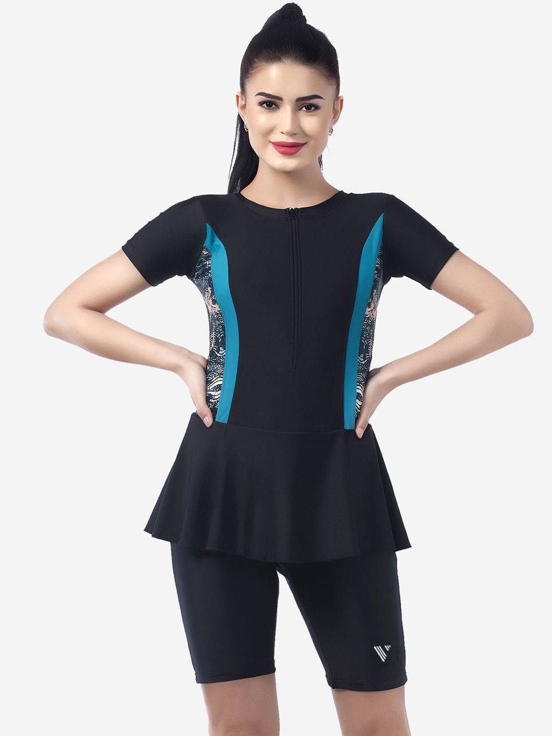 

VELOZ Abstract Printed Detail Swimming Dress, Black
