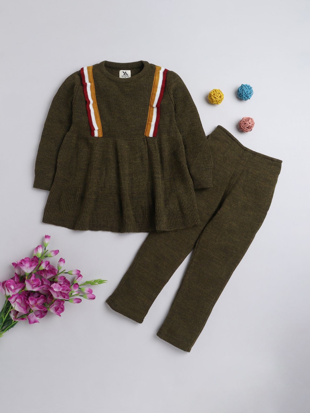 

Yellow Apple Girls Woolen Warm Sweater Full Sleeve with Round Neck, Olive