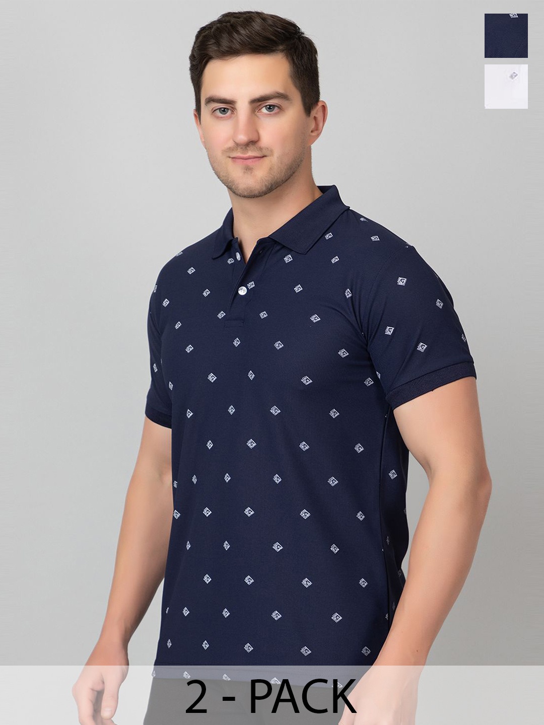 

ZEFFIT Men Pack Of 2 Printed Anti Odour Polo Collar T-shirt, Navy blue