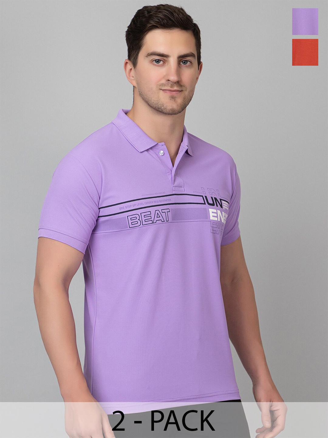 

ZEFFIT Men Pack Of 2 Typography Printed Anti Odour Polo Collar T-shirt, Purple