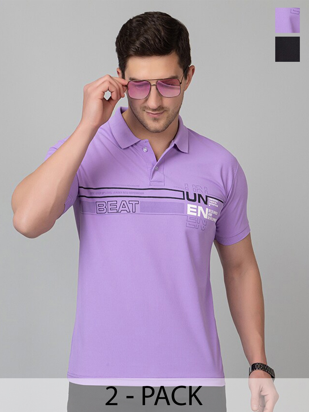 

ZEFFIT Men Pack Of 2 Typography Printed Anti Odour Polo Collar T-shirt, Purple