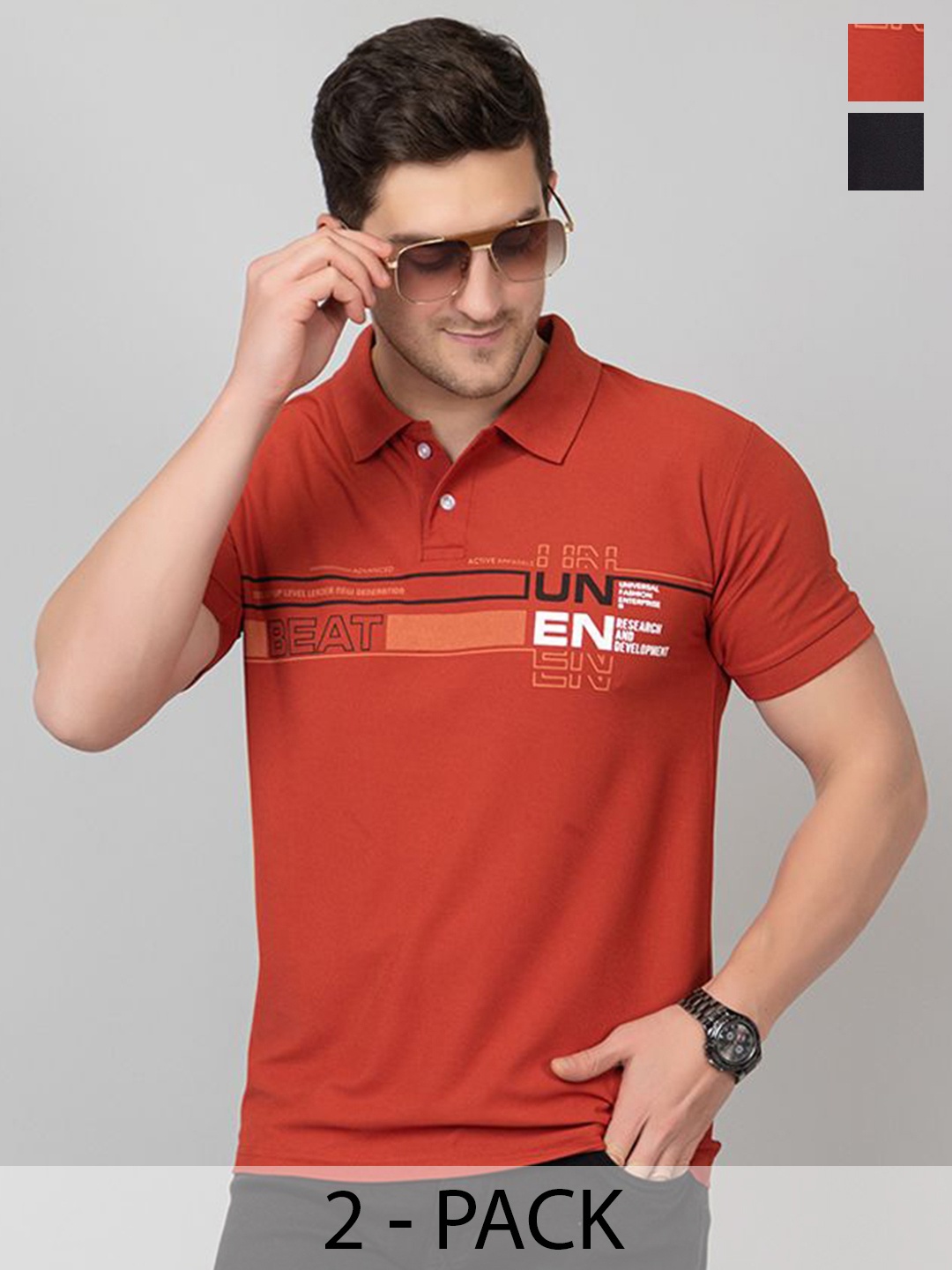 ZEFFIT Men Pack Of 2 Typography Printed Anti Odour Polo Collar T-shirt, Red