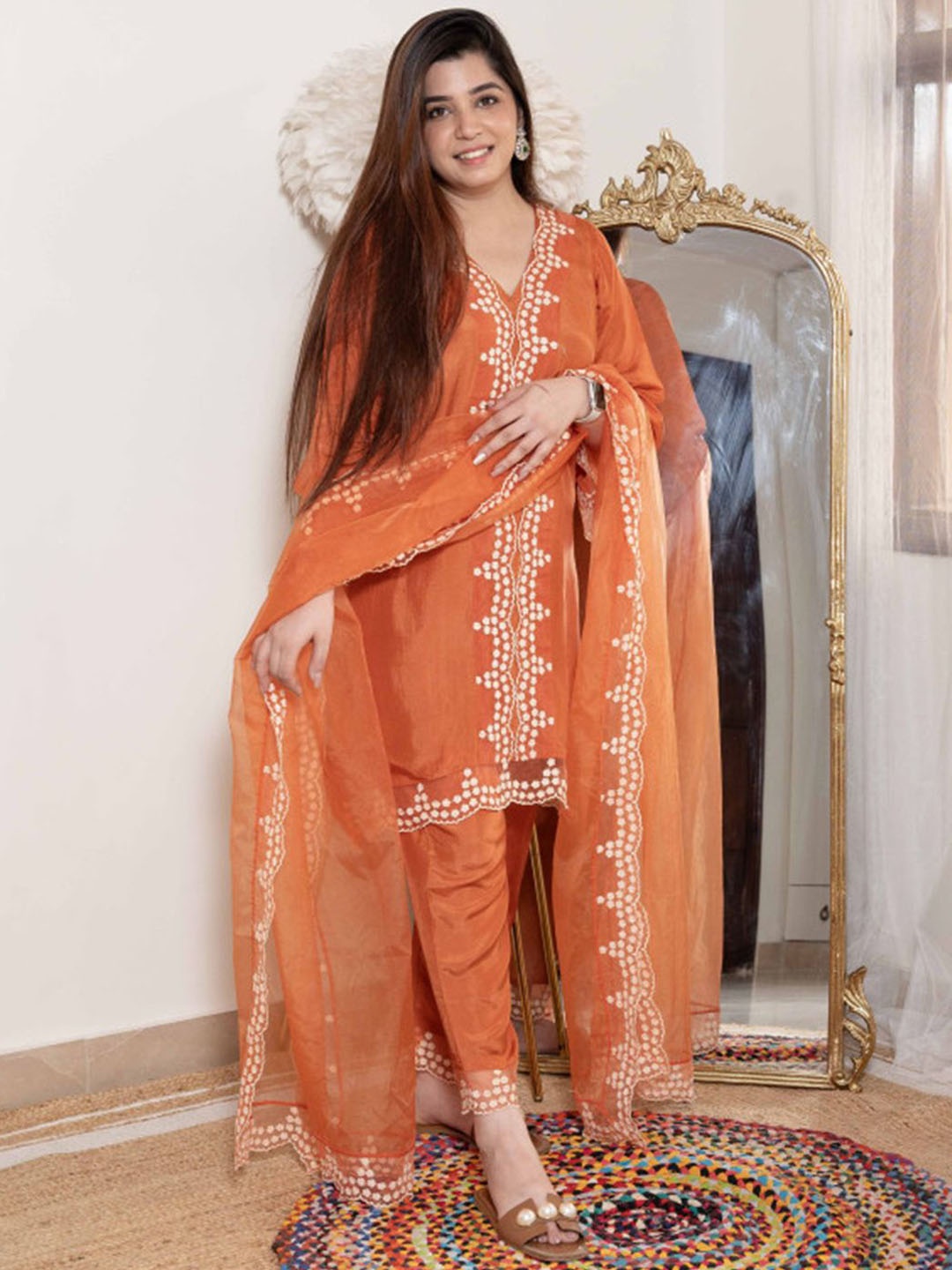 

KALINI Women Ethnic Motifs Embroidered Thread Work Kurta with Trousers & With Dupatta, Orange