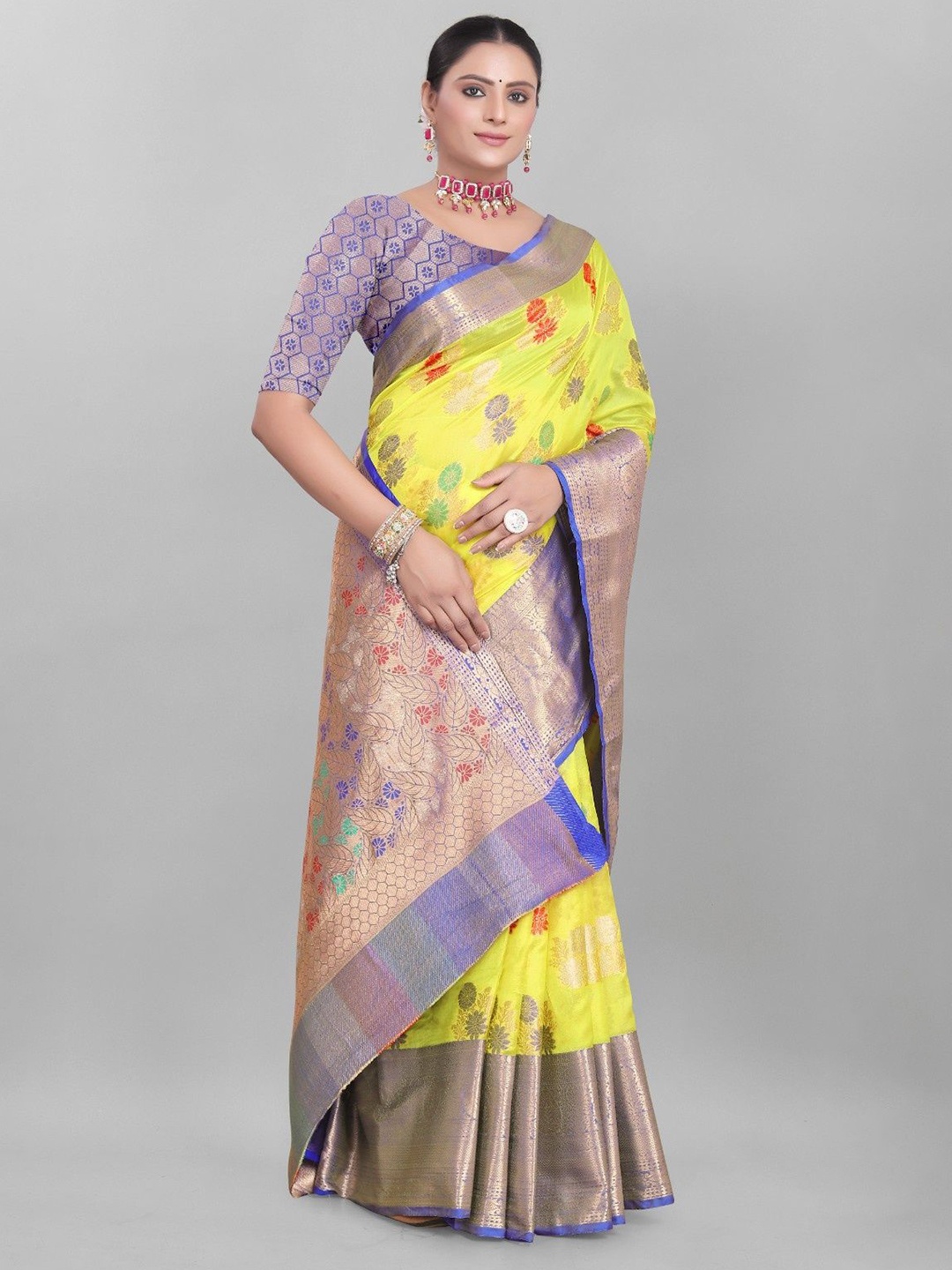 

MAGNEITTA Ethnic Motifs Zari Banarasi Saree, Yellow