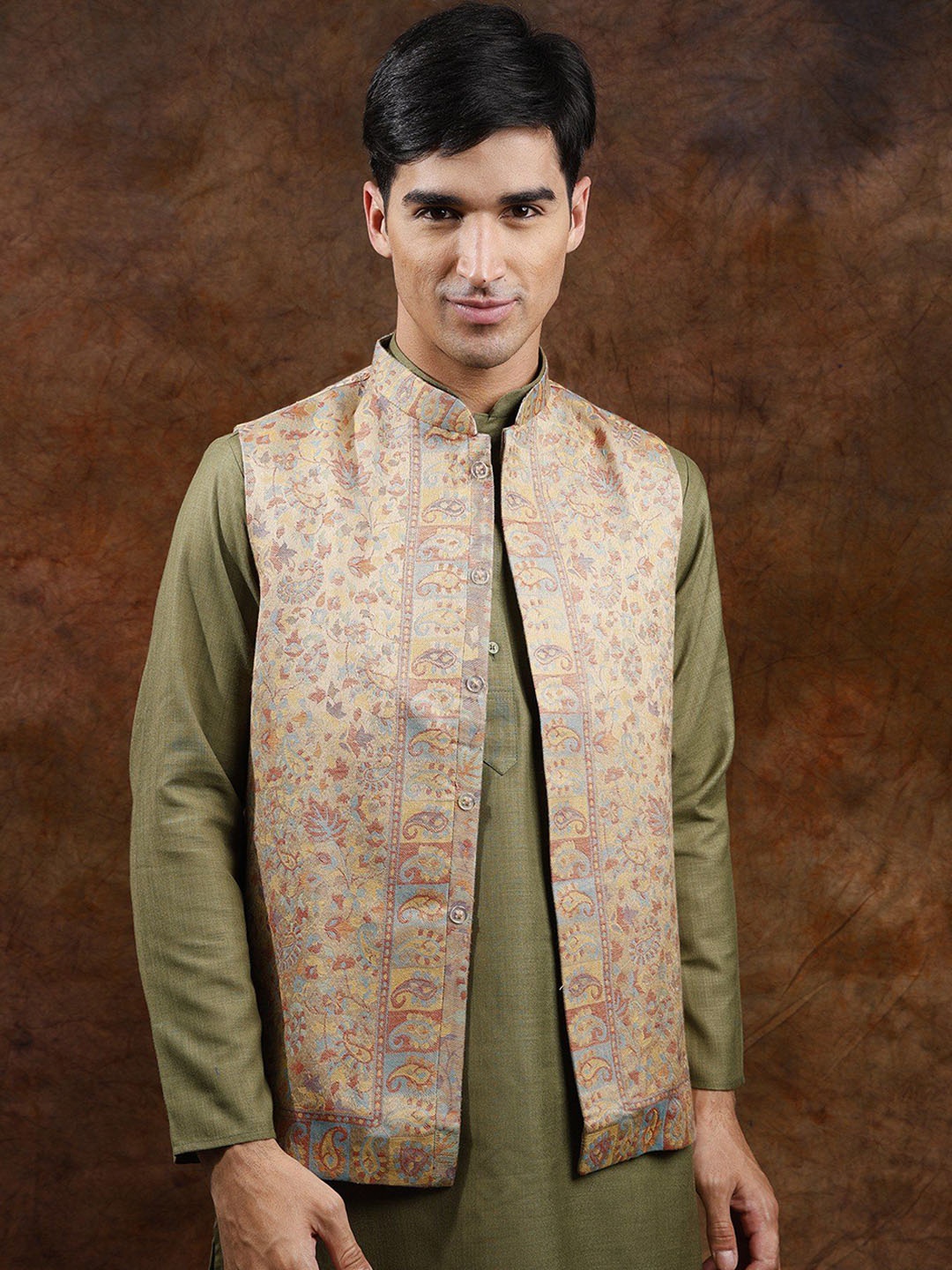 Exotic India Wool Kani Jamawar Woven Paisely Nehru Jacket, Beige