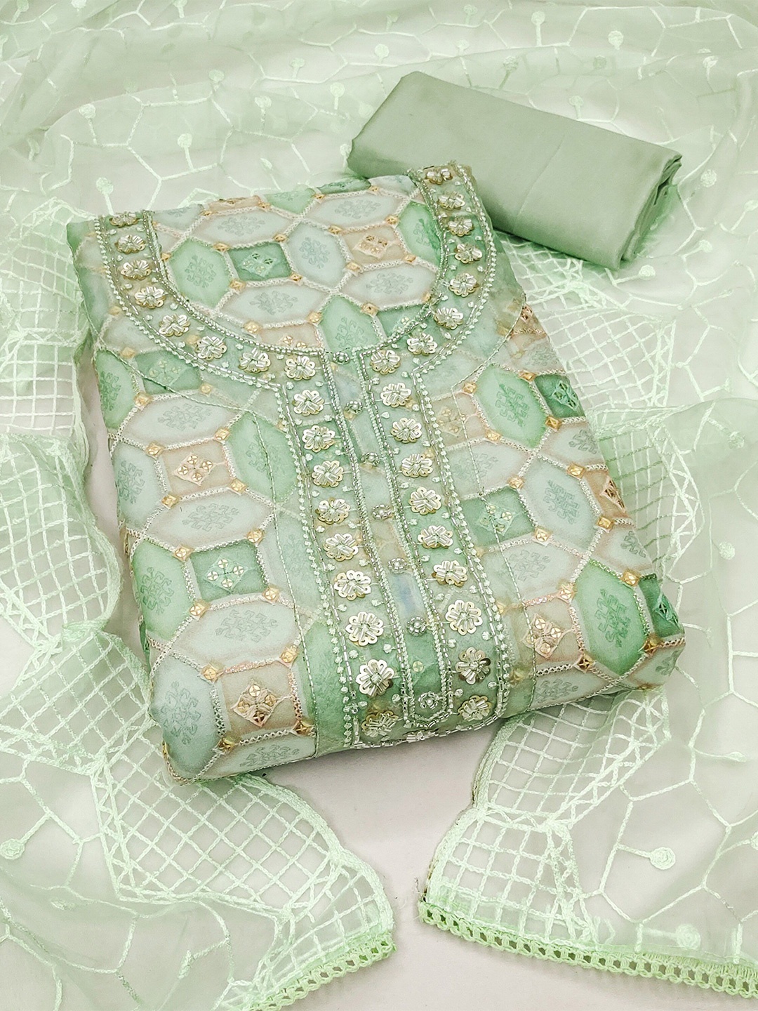 

KIMISHA Printed Organza Unstitched Dress Material, Green