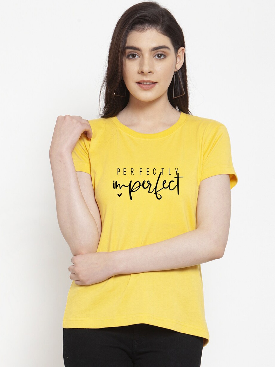 

Friskers Women Typography Printed Round Neck Cotton T-shirt, Yellow