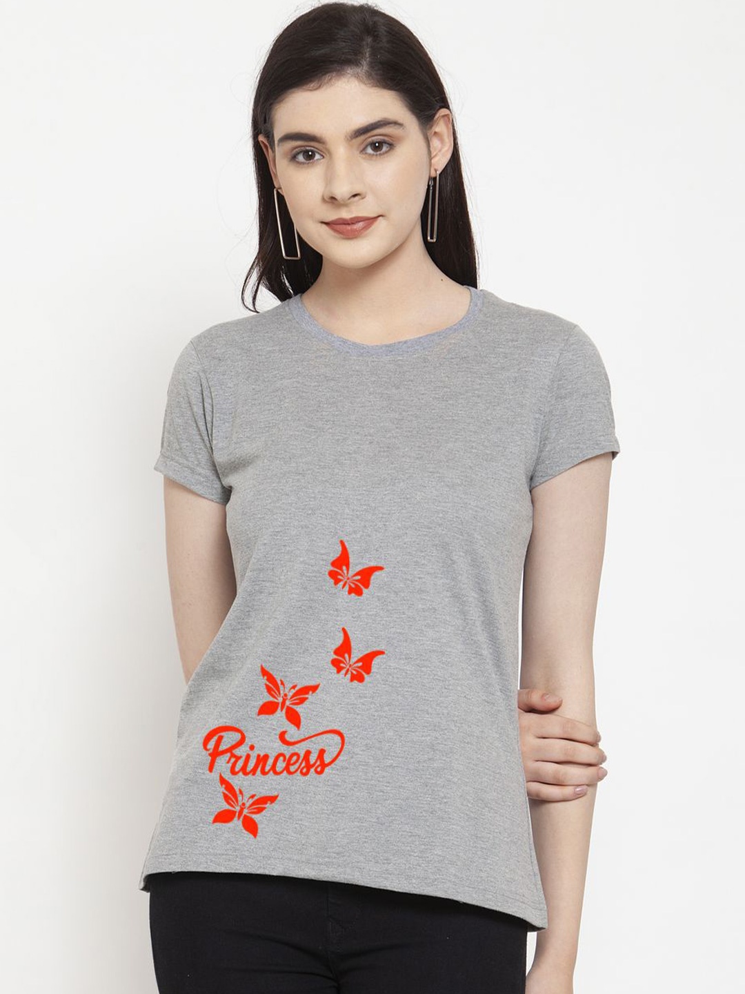 

Friskers Women Printed Round Neck Slim Fit T-shirt, Grey