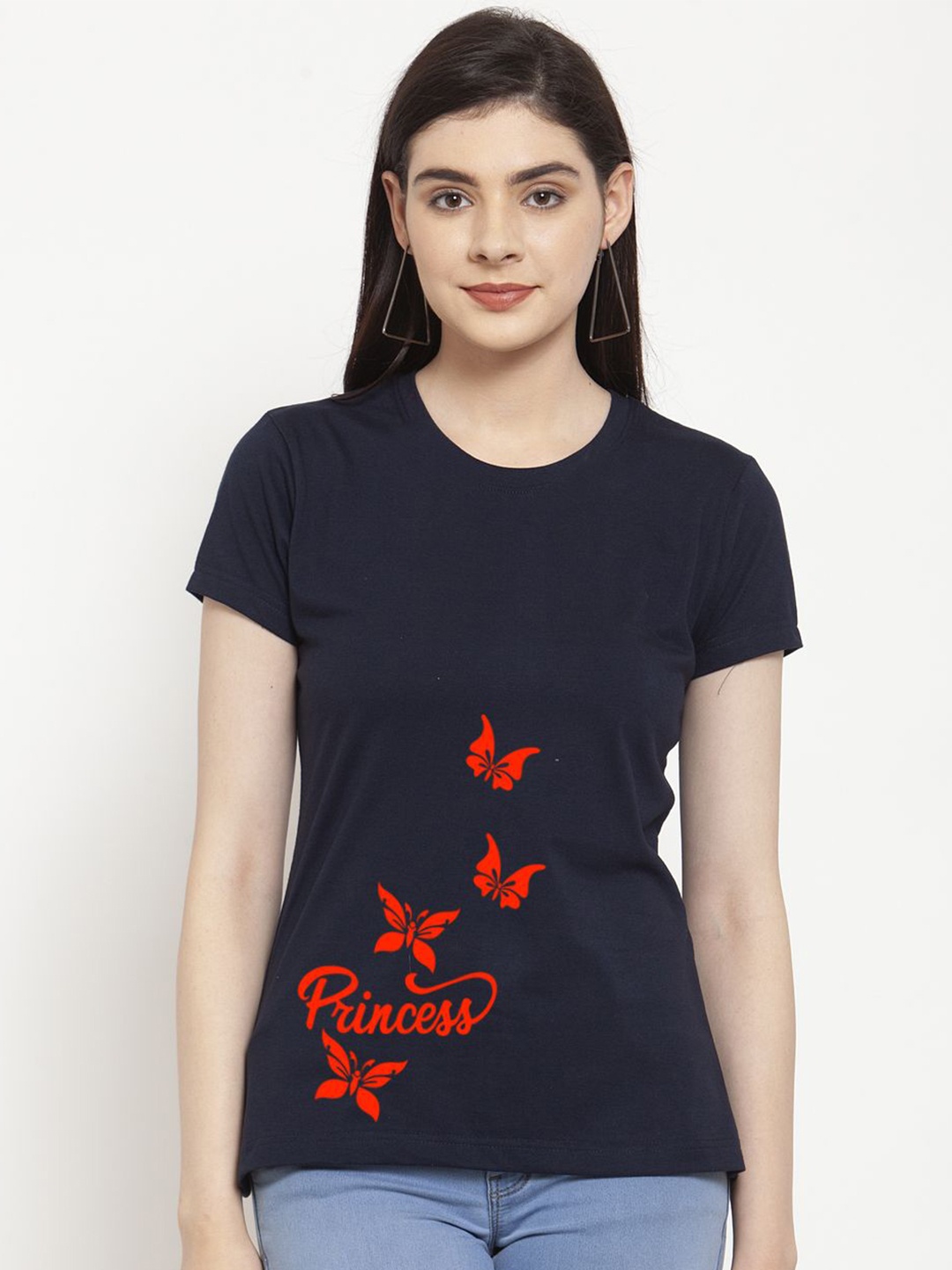 

Friskers Women Typography Printed Round Neck T-shirt, Navy blue