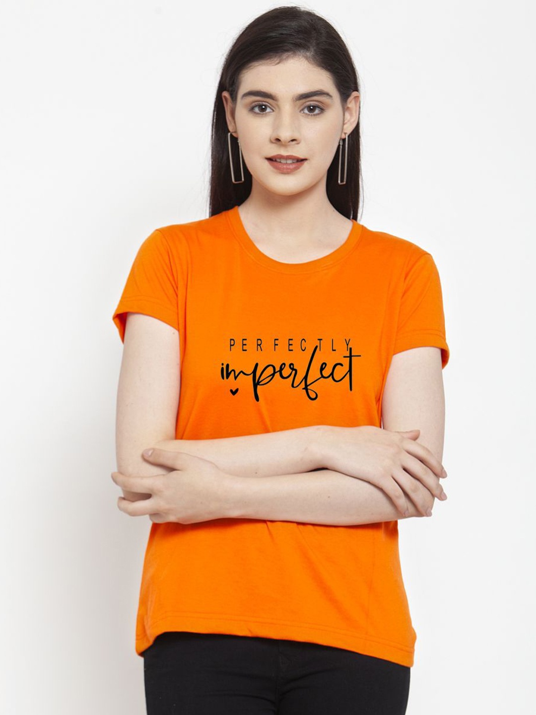

Friskers Women Typography Printed Raw Edge Slim Fit T-shirt, Orange