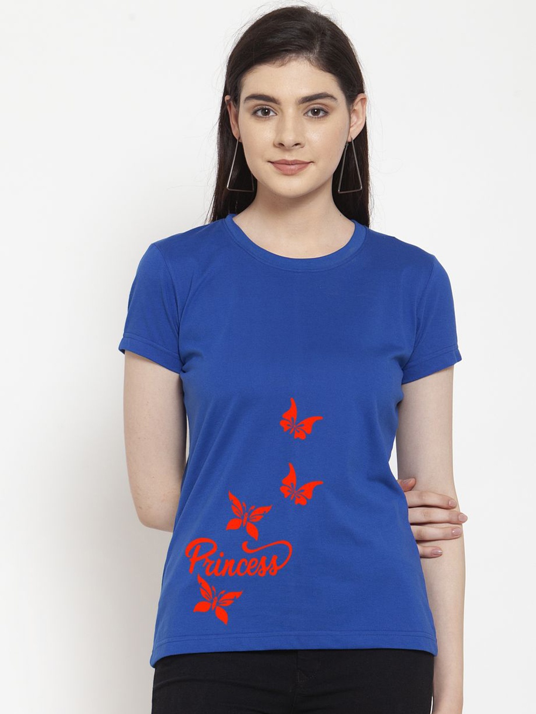 Friskers Women Typography Printed Round Neck Cotton T-shirt, Blue