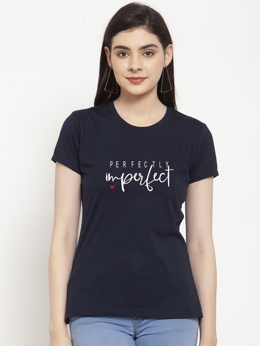 

Friskers Women Typography Printed Raw Edge Slim Fit T-shirt, Navy blue