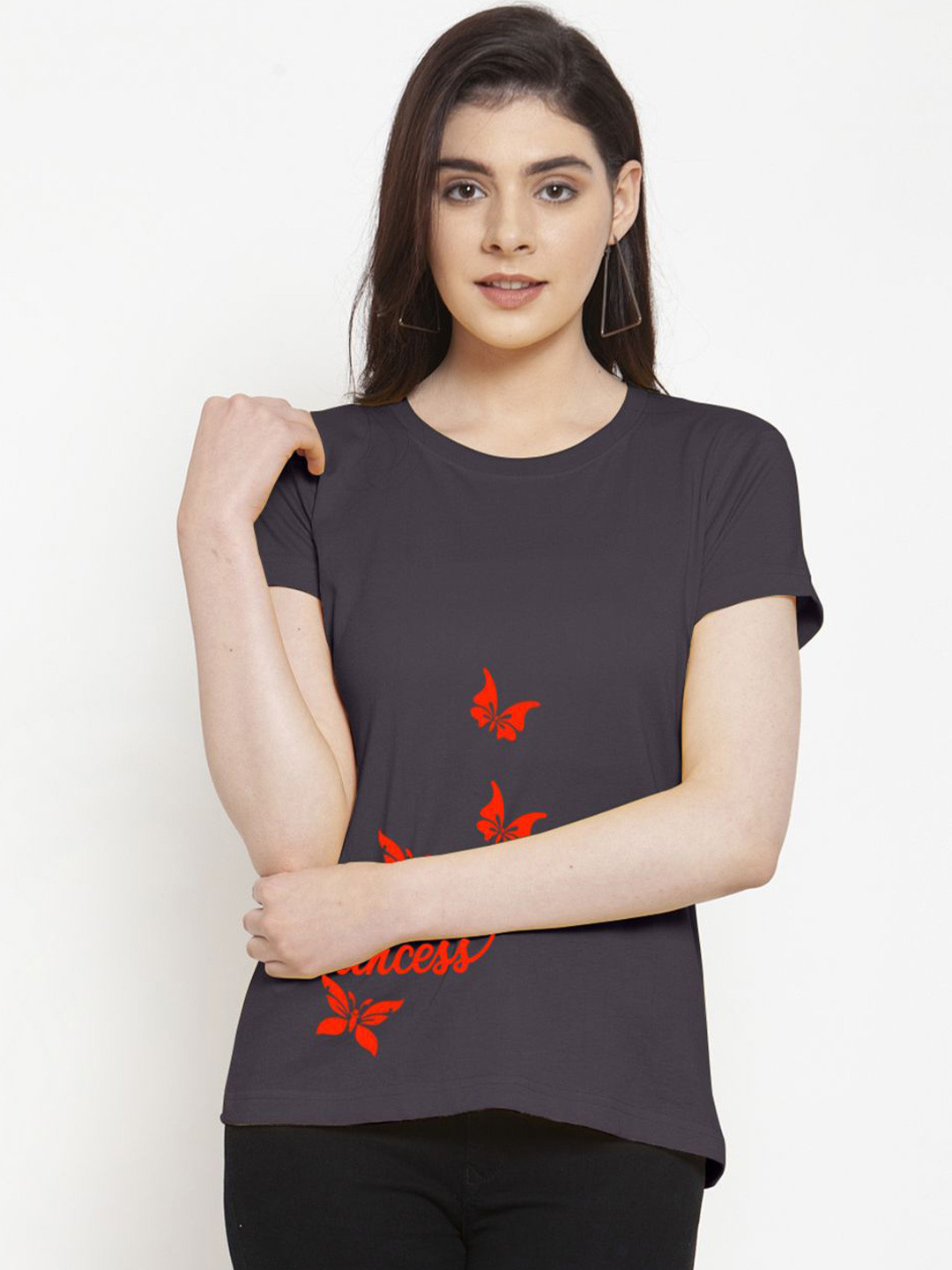 

Friskers Women Printed Round Neck Slim Fit T-shirt, Grey