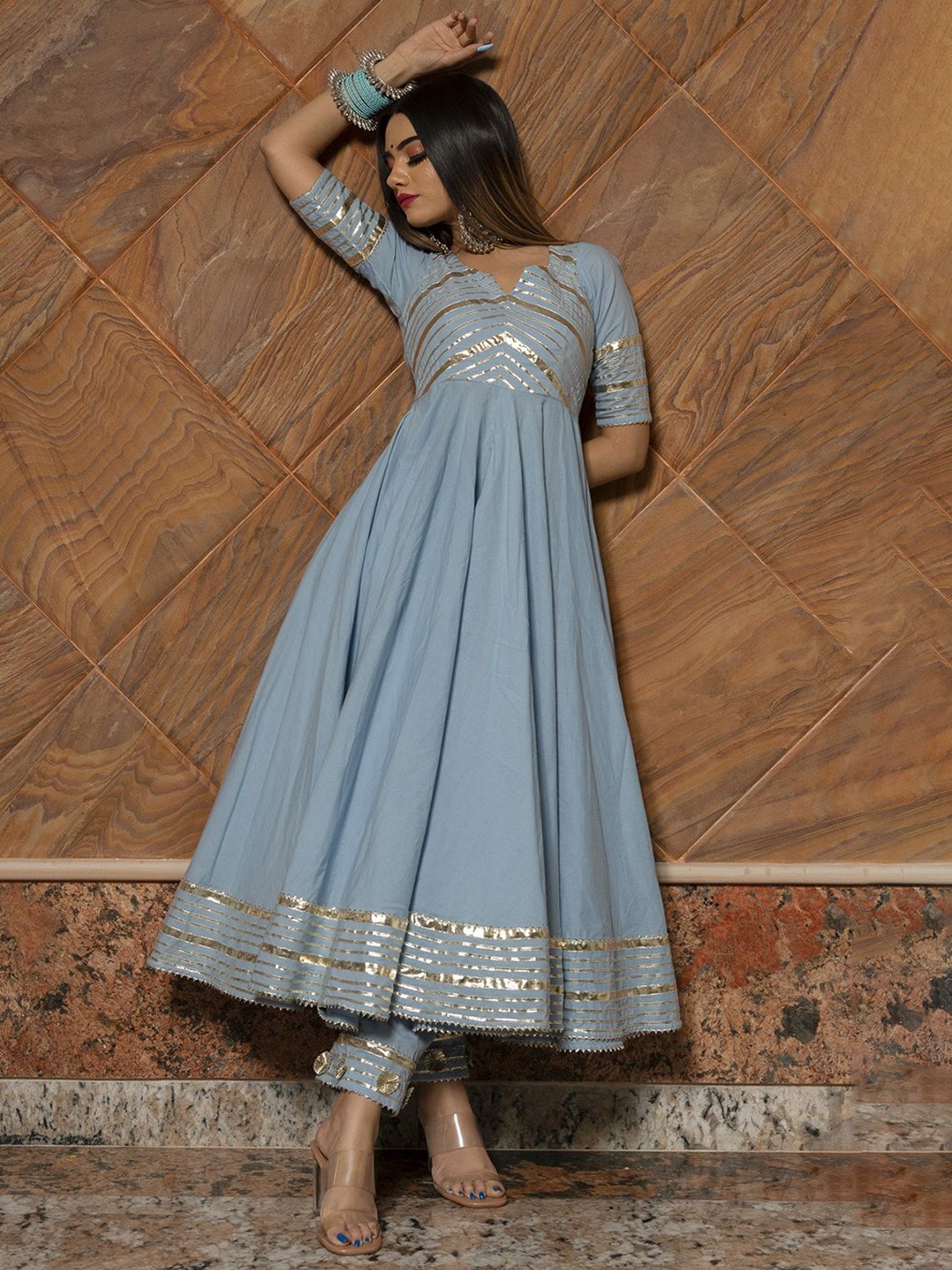 

Pomcha Women Embroidered Gotta Patti Pure Cotton Kurta with Palazzos & With Dupatta, Blue