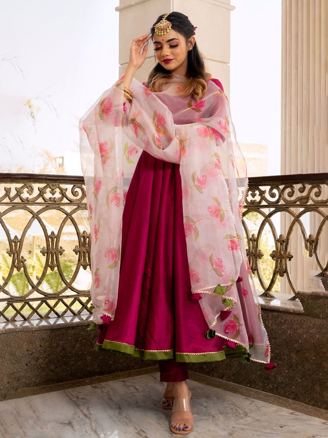 

Pomcha Women Regular Kurta with Palazzos & With Dupatta, Magenta