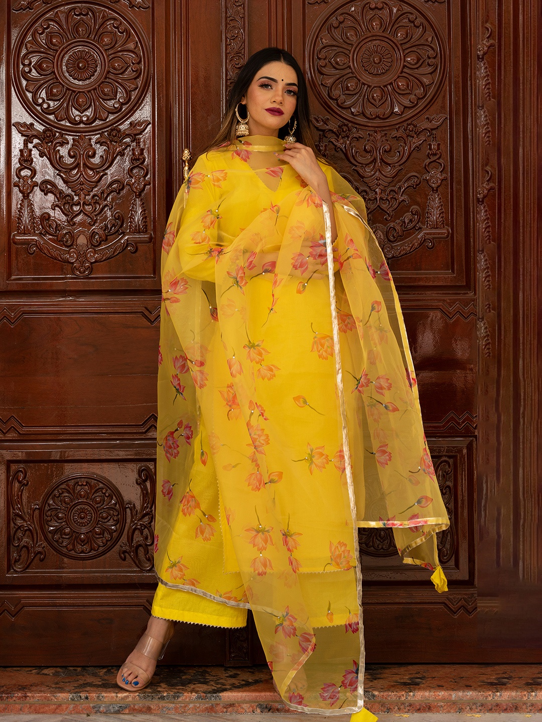 

Pomcha Women Regular Gotta Patti Pure Cotton Kurta with Palazzos & With Dupatta, Yellow