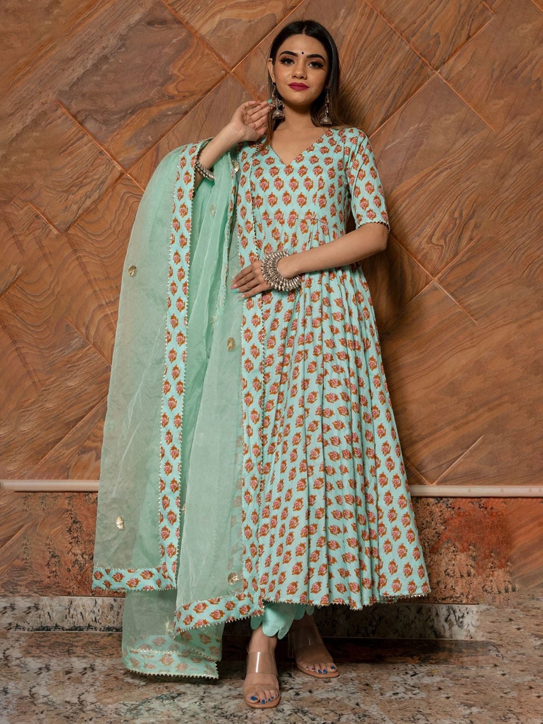 

Pomcha Women Floral Printed Regular Gotta Patti Pure Cotton Kurta with Palazzos & Dupatta, Blue