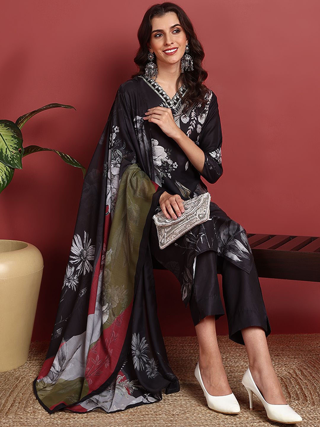 

KALINI Women Floral Printed Regular Sequinned Kurta with Trousers & With Dupatta, Black