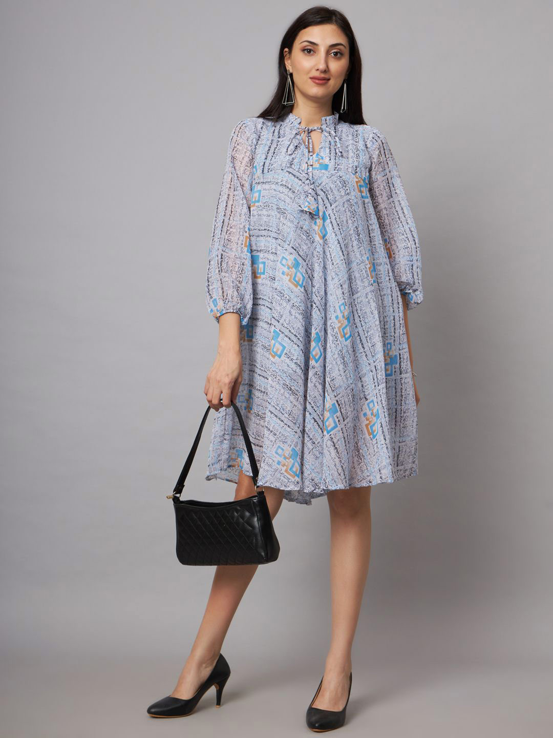 

SHRIMAY Print Tie-Up Neck Puff Sleeve Georgette A-Line Dress, Blue