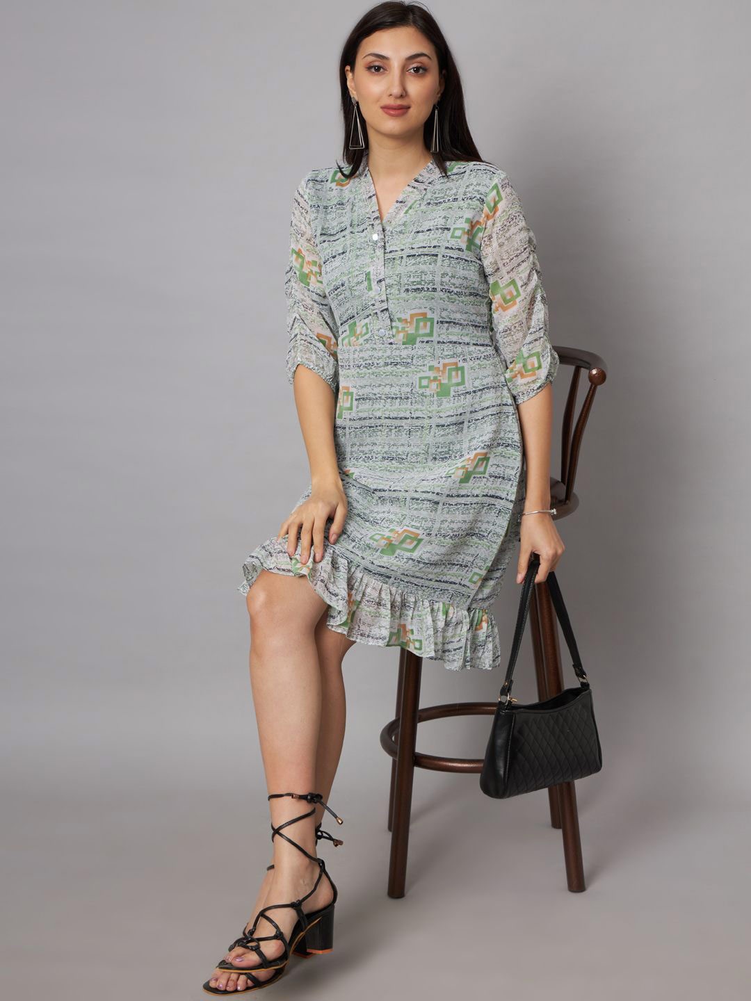 SHRIMAY V-neck Flounce Hem A-Line Dress, Green